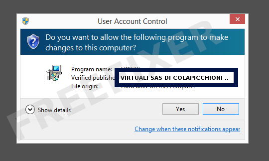 Screenshot where VIRTUALI SAS DI COLAPICCHIONI UMBERTO & C appears as the verified publisher in the UAC dialog